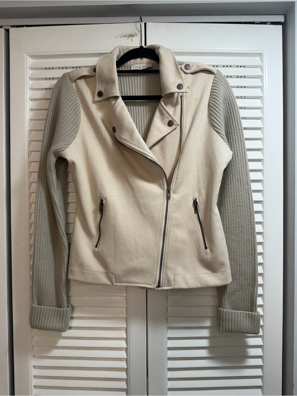 Lola & Sophie New York Cream Faux Suede And Sweater Moto Jacket